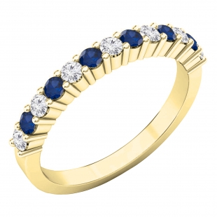 10K Yellow Gold Round Blue Sapphire & White Diamond Ladies Stackable Anniversary Wedding Band